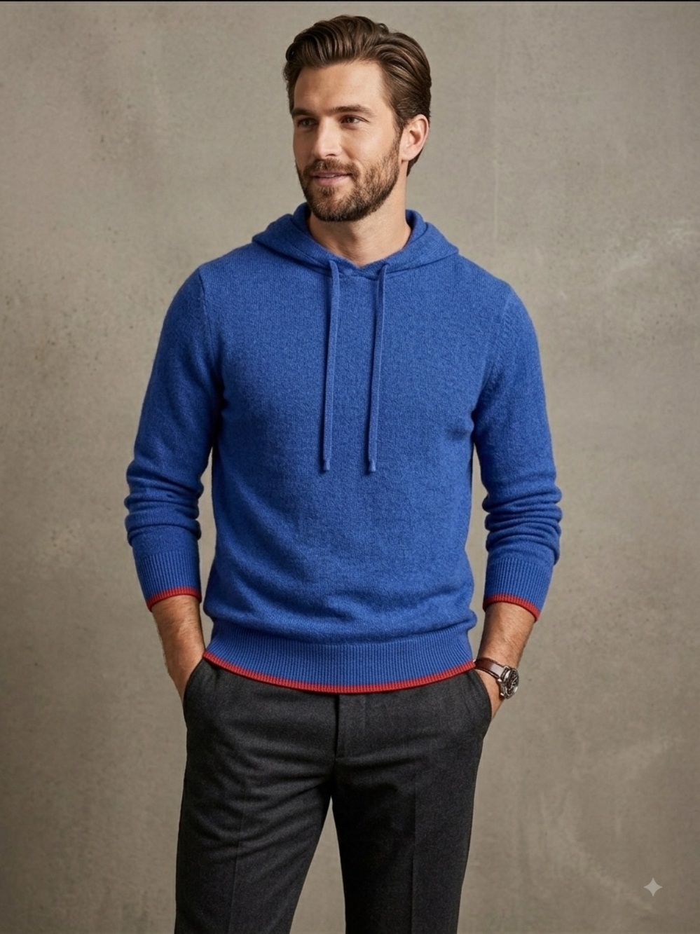REDVANLY Quincy 100% Cashmere Hoodie Sweater in Classic Blue - Size M